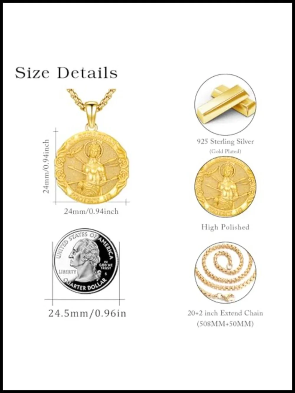 St Sebastian Pendant Necklace 925 Sterling Silver Gold Plated Men Women